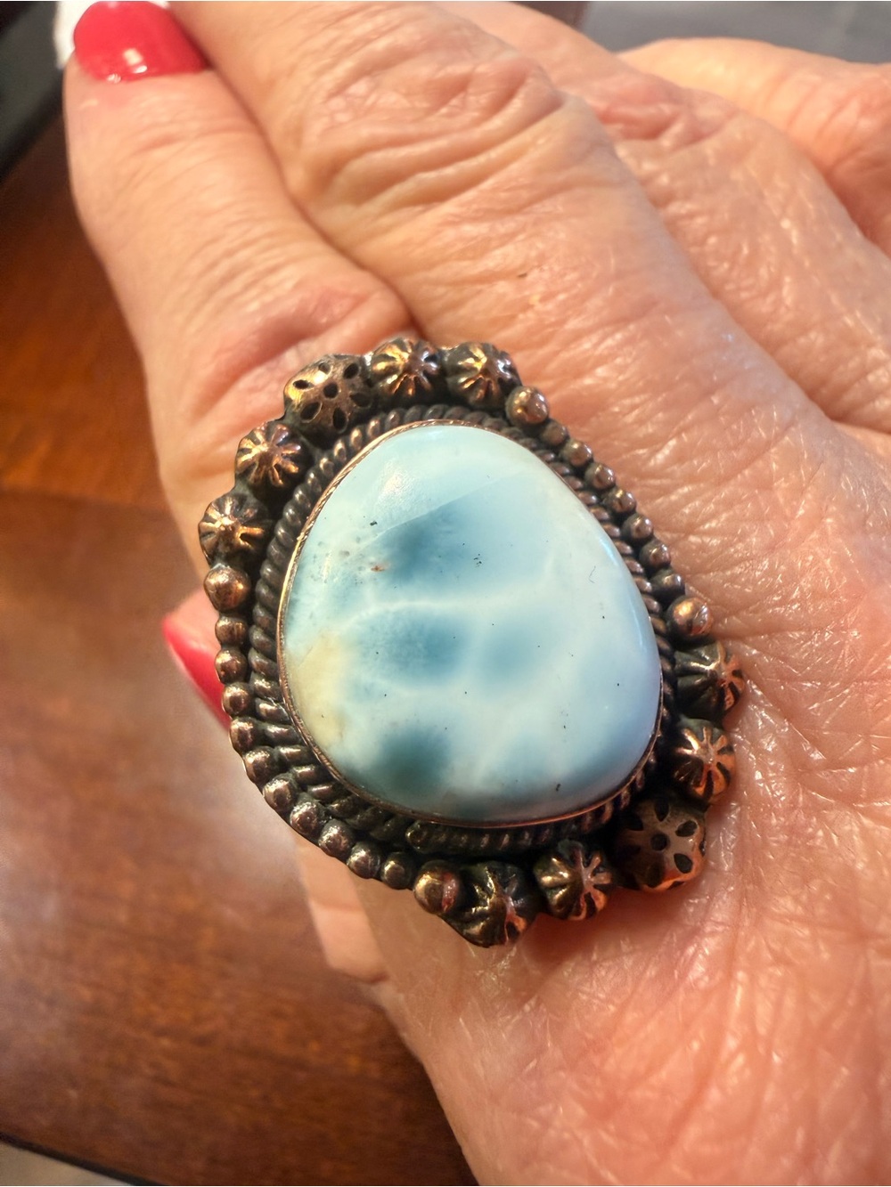 Blue Larimar Statement Ring set in Copper
Adjustable  sets at 10